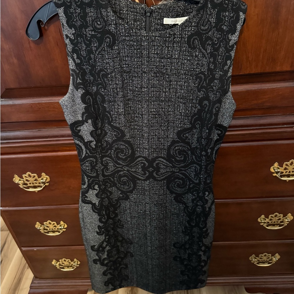 Diane Von Furstenberg Black and Gray Embroidered Sheath Dress